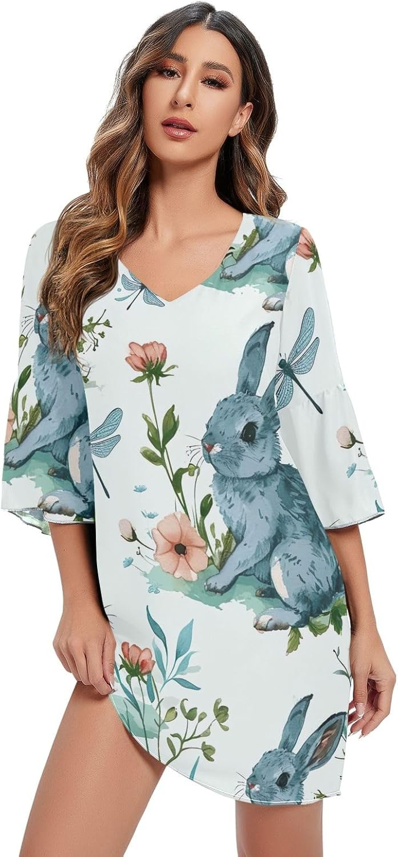 Cute Rabbit Flowers Blue Short Dress Printed Maternity Dress Party S-XXL image number 5
