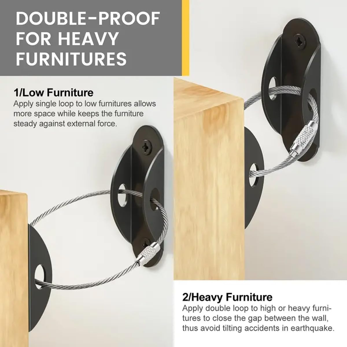 AIMALL 10 Sets Adjustable Black Steel Wire Furniture Anti-Tip Kit for Child Safety, Heavy Duty Nylon Straps for Shoe Cabinet, Bookshelf, Bucket Cabinet, Size 7.87In image number 2