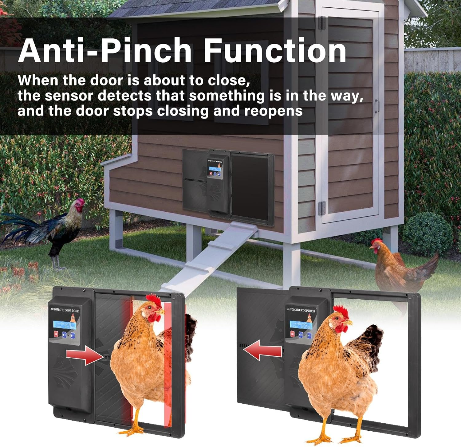 Automatic Chicken Coop Door with Programmable Timer, USB Charging, Anti-Pinch Waterproof & Anti-Trap Protection, LCD Display Door Opener, Chicken Doorsfor Fully Automatic Night Day Operation (Black) image number 5