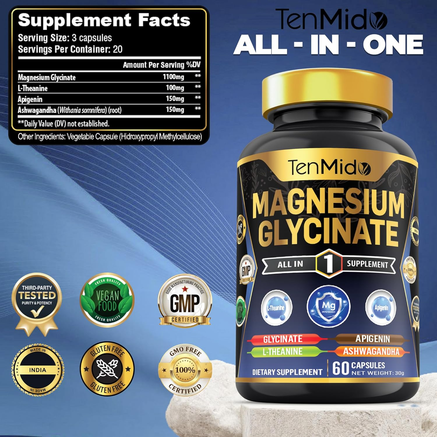 Tenmido Magnesium Glycinate Supplements - 4In1 with L-Theanine, Ashwagandha, and Apigenin - 60 Vegan & Non-Gmo Capsules