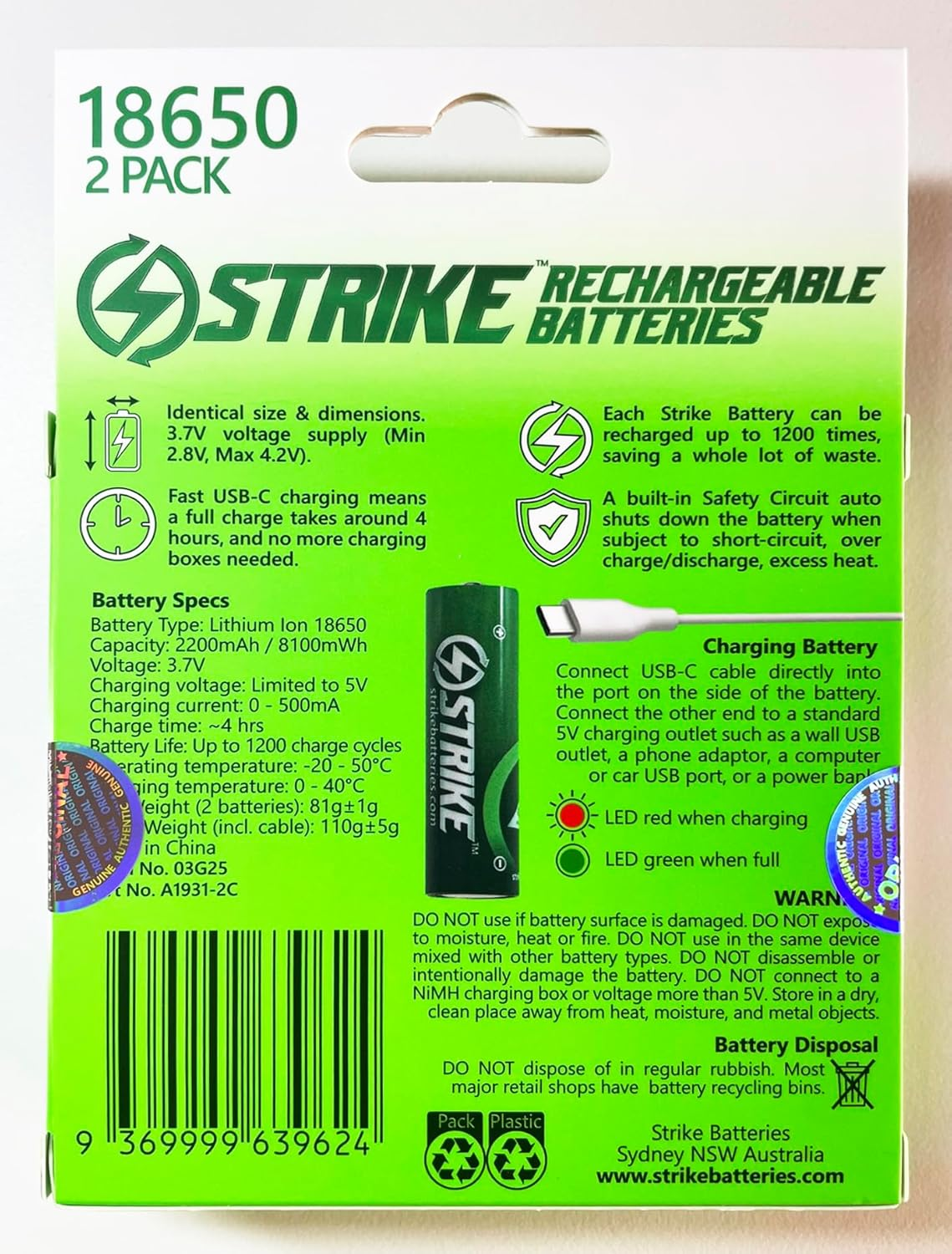 18650 Battery Lithium Ion 2 Pack BMS Protected Smart LED 3.7V 8100Mwh USB-C Rechargeable with Charging Cable, No Charging Box Needed!