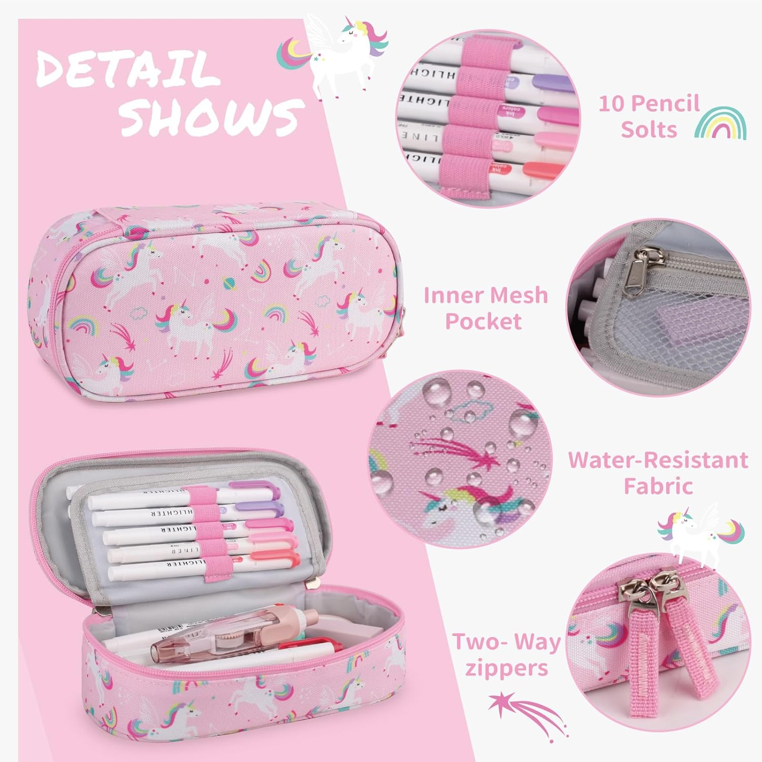 Pencil Case for Girls,Large Capacity Multi-Slot Kids Mark Pouch, Adult Big Pencil Bag with Zipper, Teens Large Storage Pencil Box for School College Middle School Office(Pink,Unicorns) - Blue,Unicorns image number 7