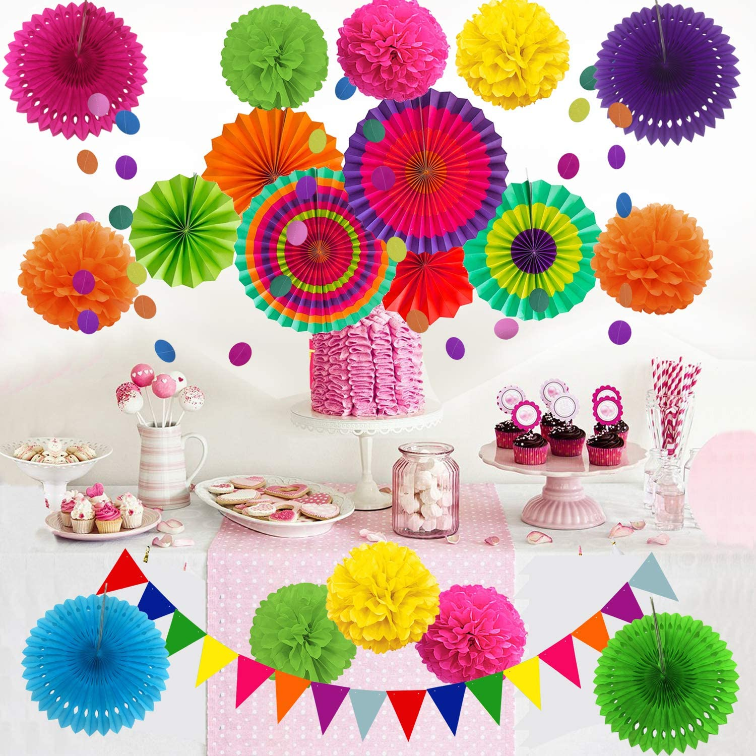 ZERODECO Party Decoration, 21 Pcs Multi-Color Hanging Paper Fans, Pom Poms Flowers, Garlands String Polka Dot and Triangle Bunting Flags for Birthday Parties, Wedding D&eacute;cor, Fiesta or Mexican Party image number 1