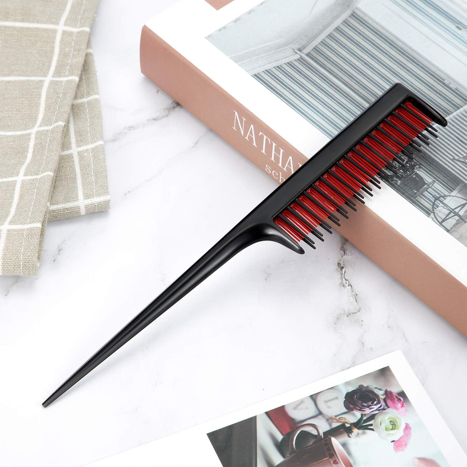 3 Piece Triple Teasing Comb, Rat Tail Combs for Women, Tool Structure Tease Layers Rattail Comb, Rat Tail Comb for Back Combing Root Teasing, Adding Volume, Evening Styling Black and Red image number 5