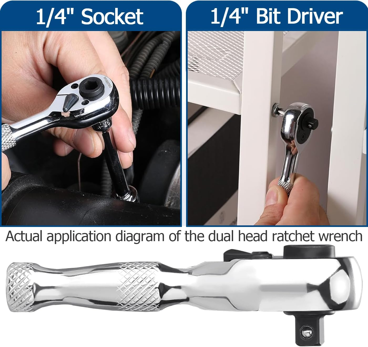 Bestgle Stubby Ratchet Wrench, Small Mini Ratchet Socket Wrench Quick-Release 1/4 Inch Dual Socket and Bit Driver Head Ratcheting Wrench Spanner with Reversible Switch for Tight Space image number 2