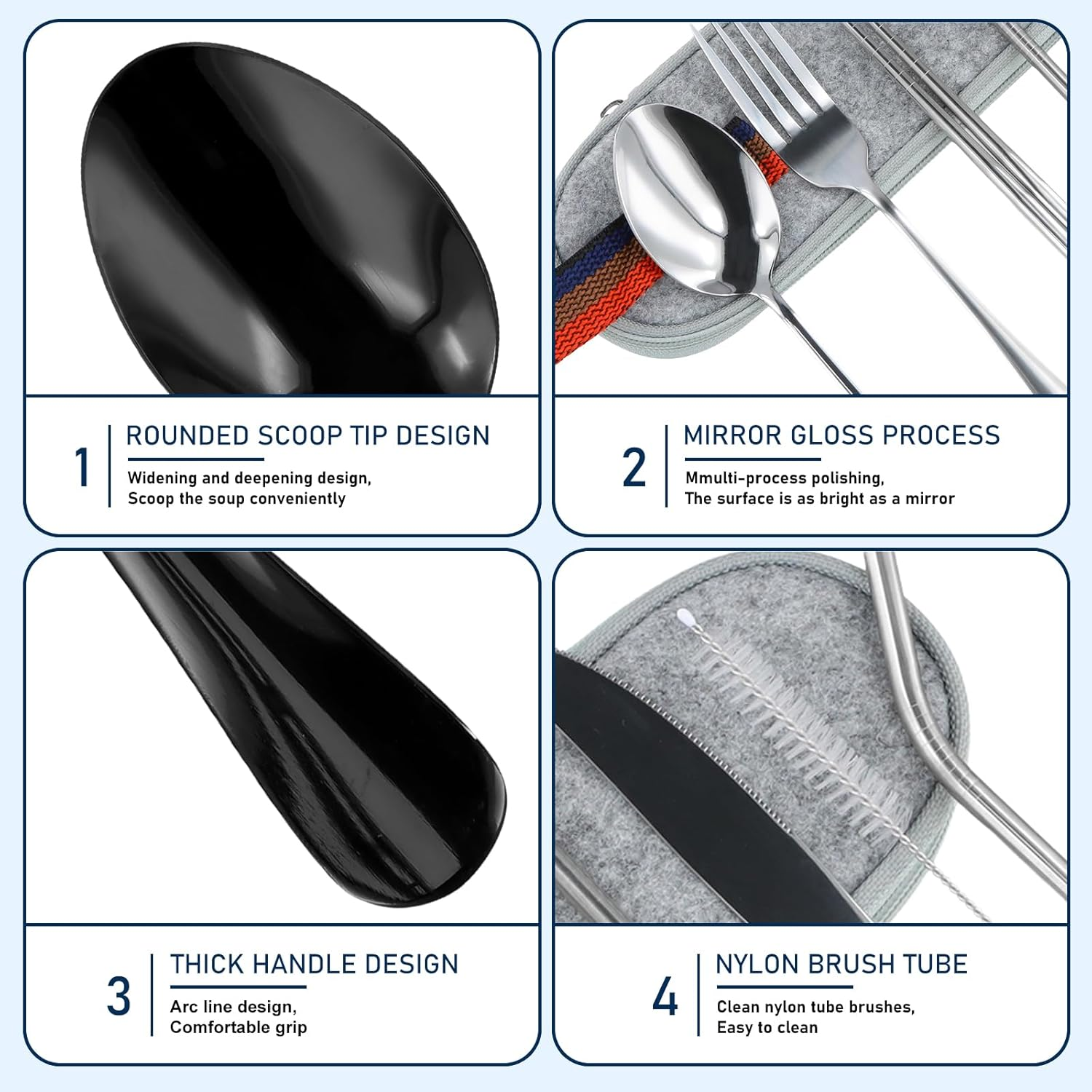 Portable Utensils Dinnerware Set, Travel Camping Cutlery Set - Including Knife Fork Spoon Chopsticks Cleaning Brush Straws Portable Case, 8 Piece Stainless Steel Flatware (Black Cutlery) image number 6