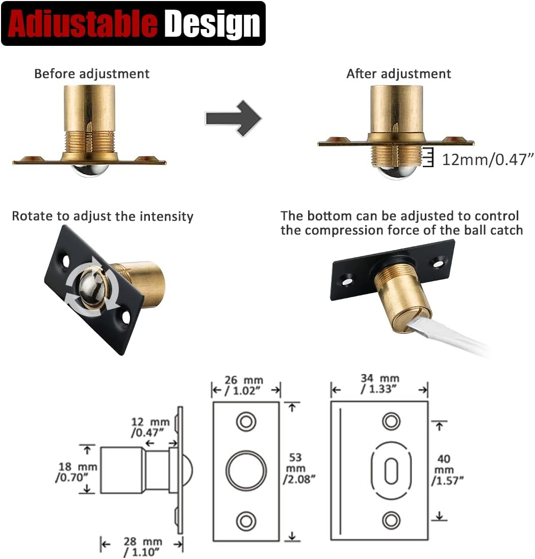 JQK Closet Door Ball Catch Hardware, Stainless Steel Catch Adjustable with Strike Plate, Black Finish 2 Pack, HBC100-BK-P2 image number 3