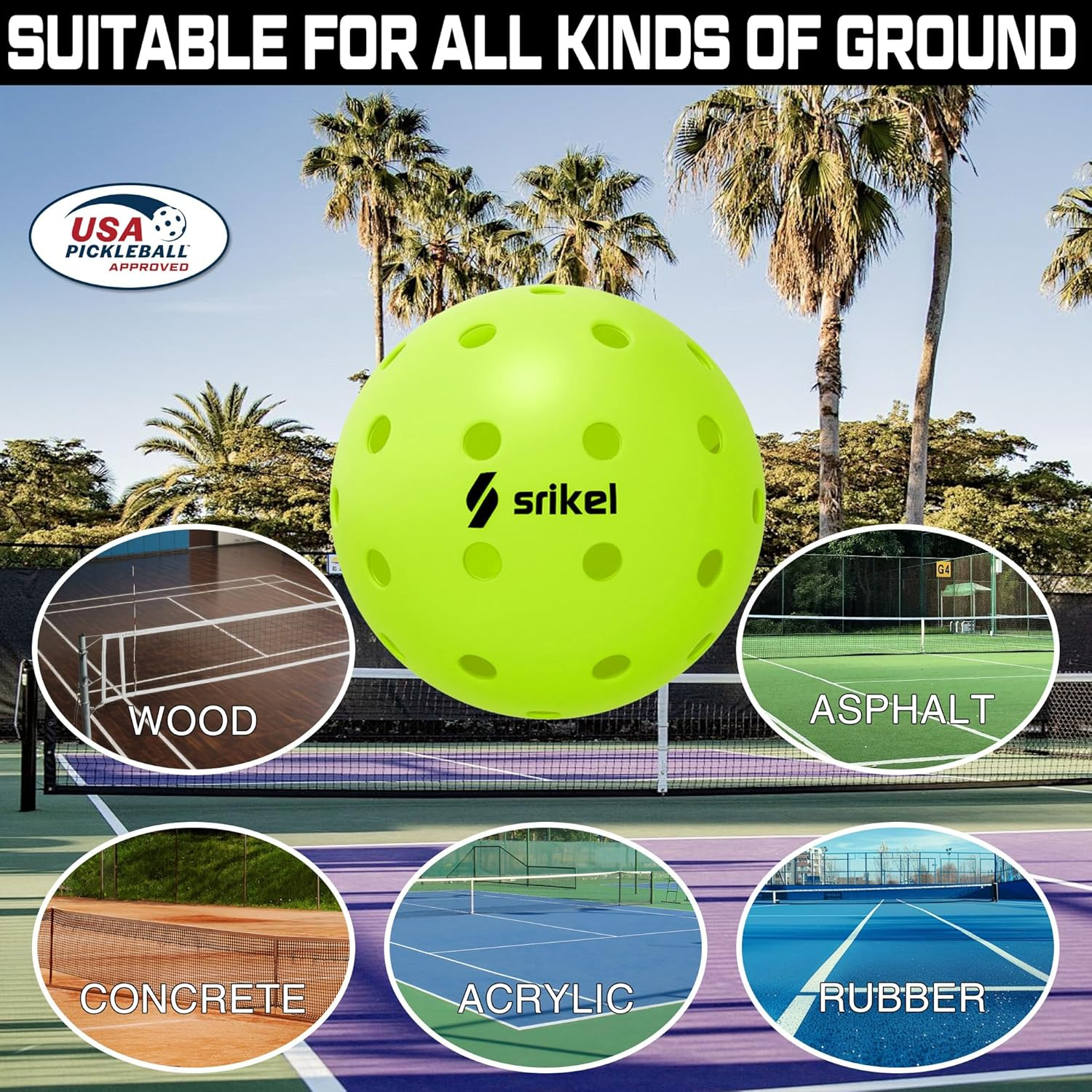 Srikel Outdoor Pickleballs - USAPA Approved,Seamless Roto-Molded Design for Durability,4 Pack / 12 Pack,Crack-Resistant 40-Hole Pickle Balls for Beginner Intermediate Pro Player