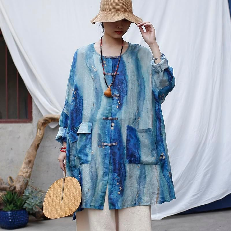 Bohemian Summer Linen Blend Shirt Dress Loose Fit Long Tunic Top with round Neck image number 4