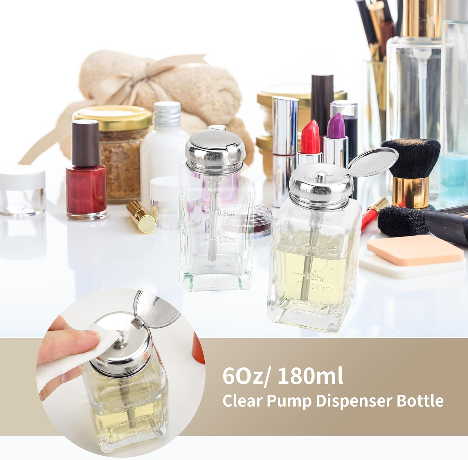 Soug 3 Pcs 6 Oz/ 180 Ml Clear Pump Dispenser Bottle with Metal Flip Cover Glass Nail Polish Remover Push down Dispenser Bottle Refillable Push down Pump Dispenser Press Container for Makeup Remover image number 5