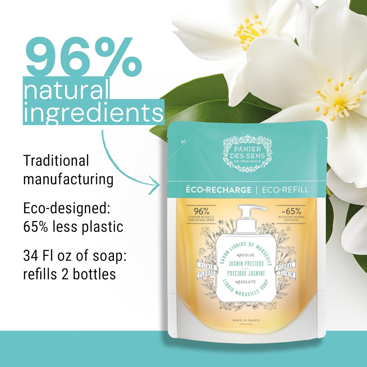 Panier Des Sens Marseiller Liquid Soap Refill Bag Jasmine Pack of 2 - Made in France - 2 X 500 Ml Soap Refill Bag image number 3