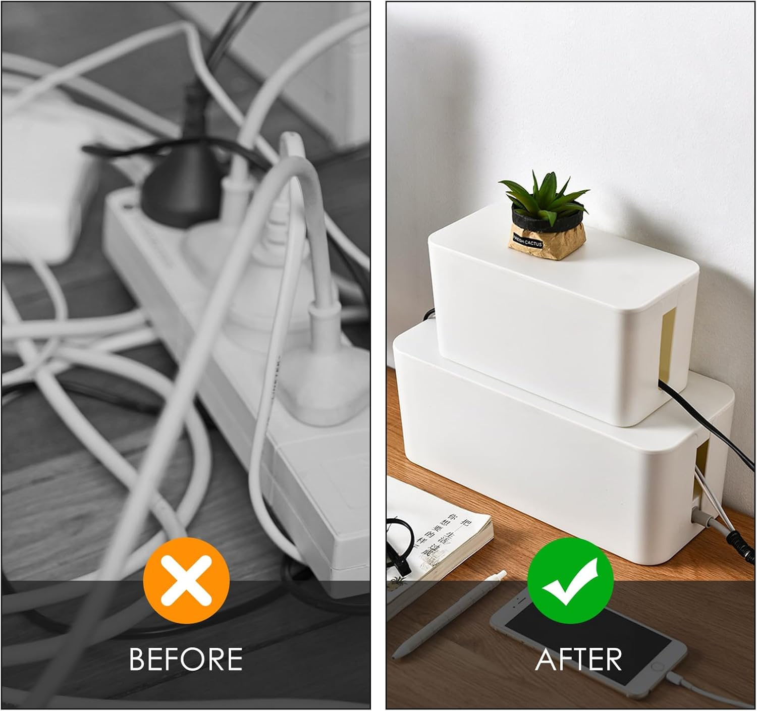 Cable Management Box Set of Two, Cord Organizer Box to Hide Surge Protector on Desk or Floor, TV Computer Wires Organizer Hider Box (White) image number 1