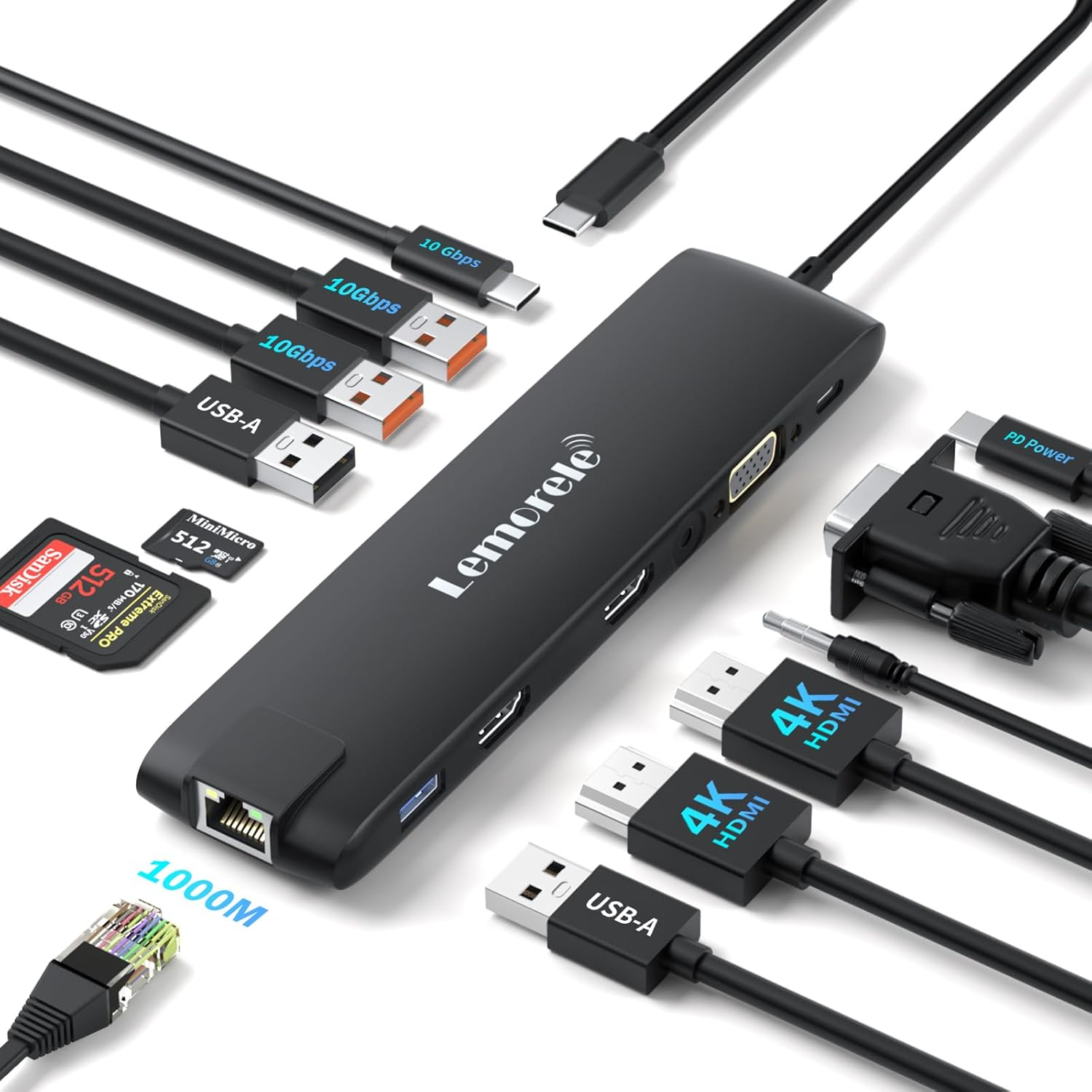 Lemorele 13 in 1 Laptop USB C Docking Station Dual Monitor Multiport Adapter HDMI Dock Triple Display with 2HDMI,VGA,2 10Gbps USB 3.1/2.0,USB C 3.1,PD,RJ45,SD/TF,3.5MM for Hp,Surface,Macbook Laptops image number 5