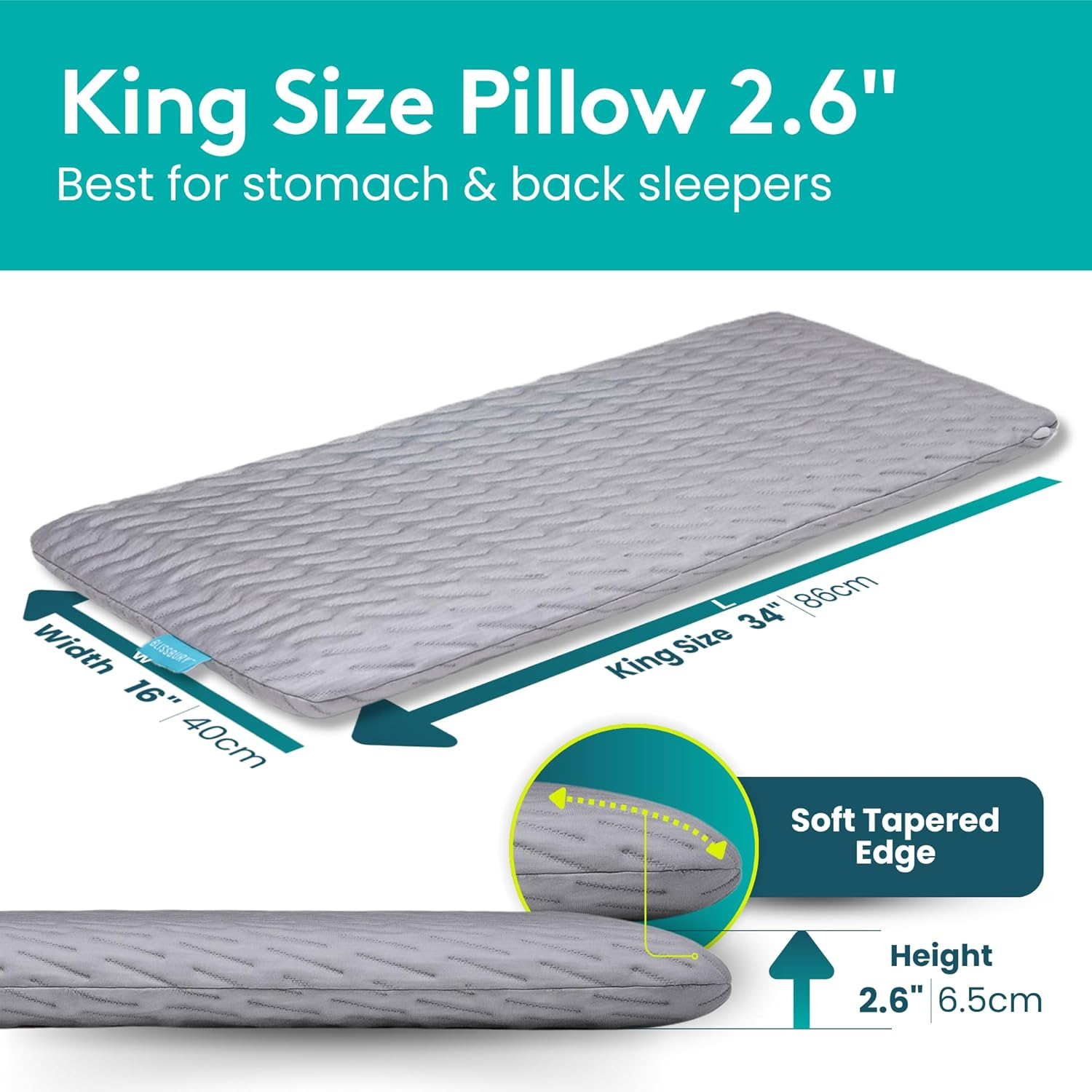 BLISSBURY King Thin 6.5Cm Stomach Sleeping Memory Foam Pillow. Slim, Flat, Cooling Sleep for Belly or Back with Soft Washable Cover, Neck and Head Support for Men and Women Bedding Accessories