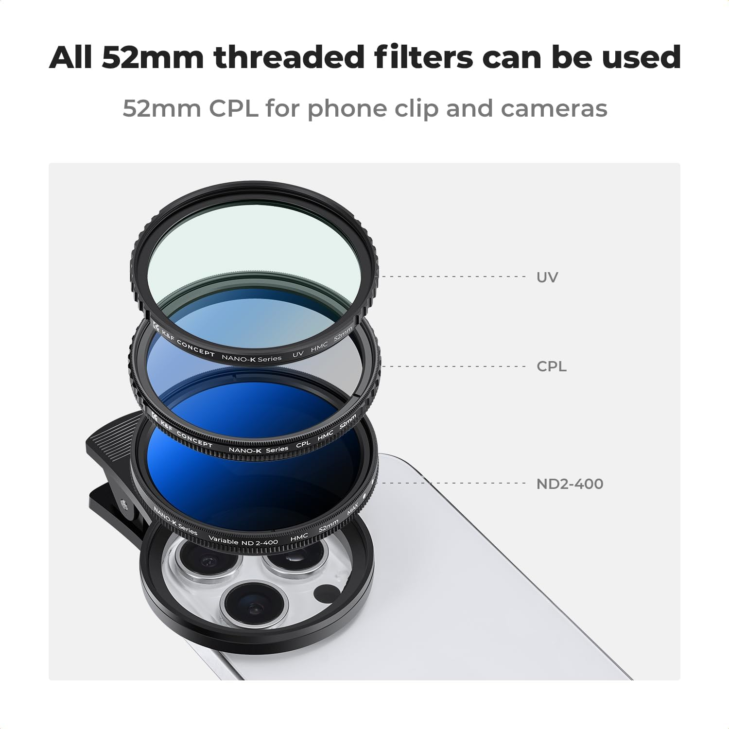 K&F Concept 52Mm Clip-On CPL Phone Camera Lens Filter Kit, Circular Polarizer Polarizing Filter Compatible with Iphone 17 16 15 14 13 12 11 image number 5