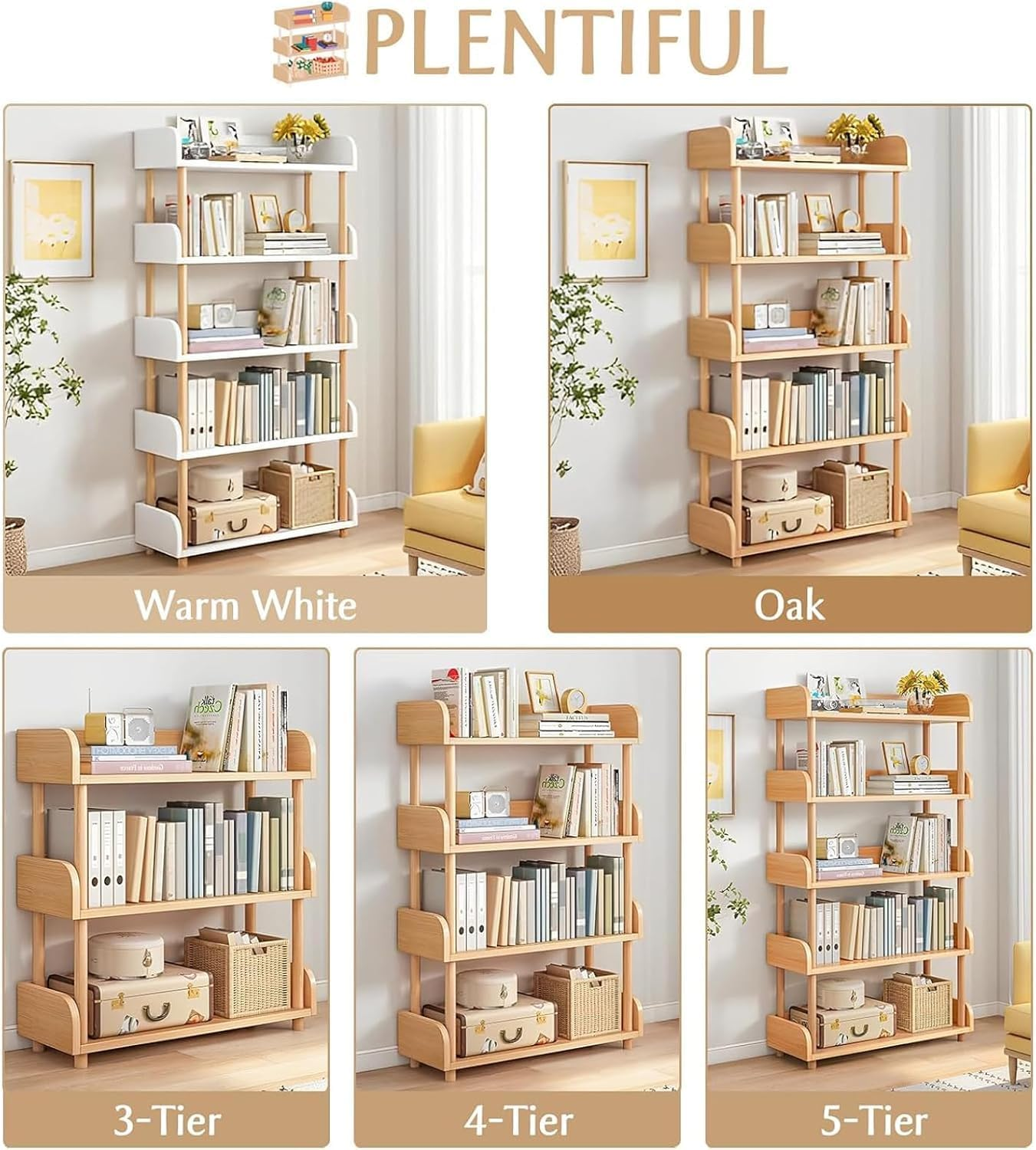 4-Tier Wooden Open Bookcase, Modern Freestanding Bookshelf Organizer with Side Panels, Wood Storage Shelves Display Stand Plant Rack for Home and Office, Storage Cabinet (4-Tier White 60CM) - 4-Tier White 60Cm image number 4