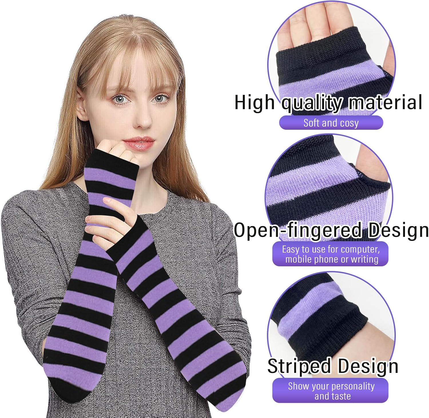 1 Thigh High Socks with 1 Fingerless Gloves,Cute Stripe Long Knee High Socks, Funny Soft Leg Warmers for Novelty Party Halloween Cosplay Stage image number 3