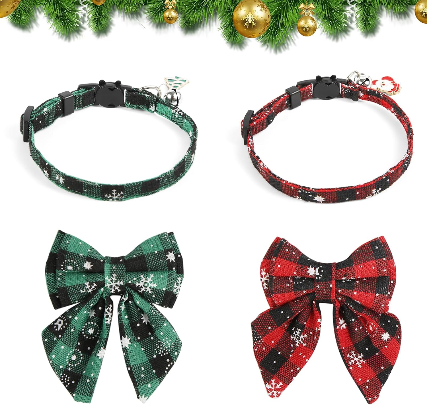 PEUTIER 2Pcs Christmas Cat Collar, Festive Cat Collar with Bells, Removable Bow Tie, Breakaway Safety Buckle, Red, Green, 18-29Cm/7-11.4 Inches image number 4