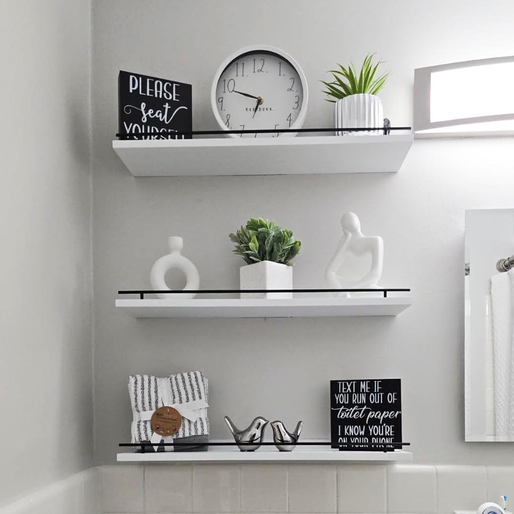 Delsol Floating Shelves with Metal Guardrail Set of 3, Wall Mounted Shelves for Wall Decor, Shelf for Bedroom, Bathroom, Kitchen, Living Room, Plants, Picture Frames, Art (White)