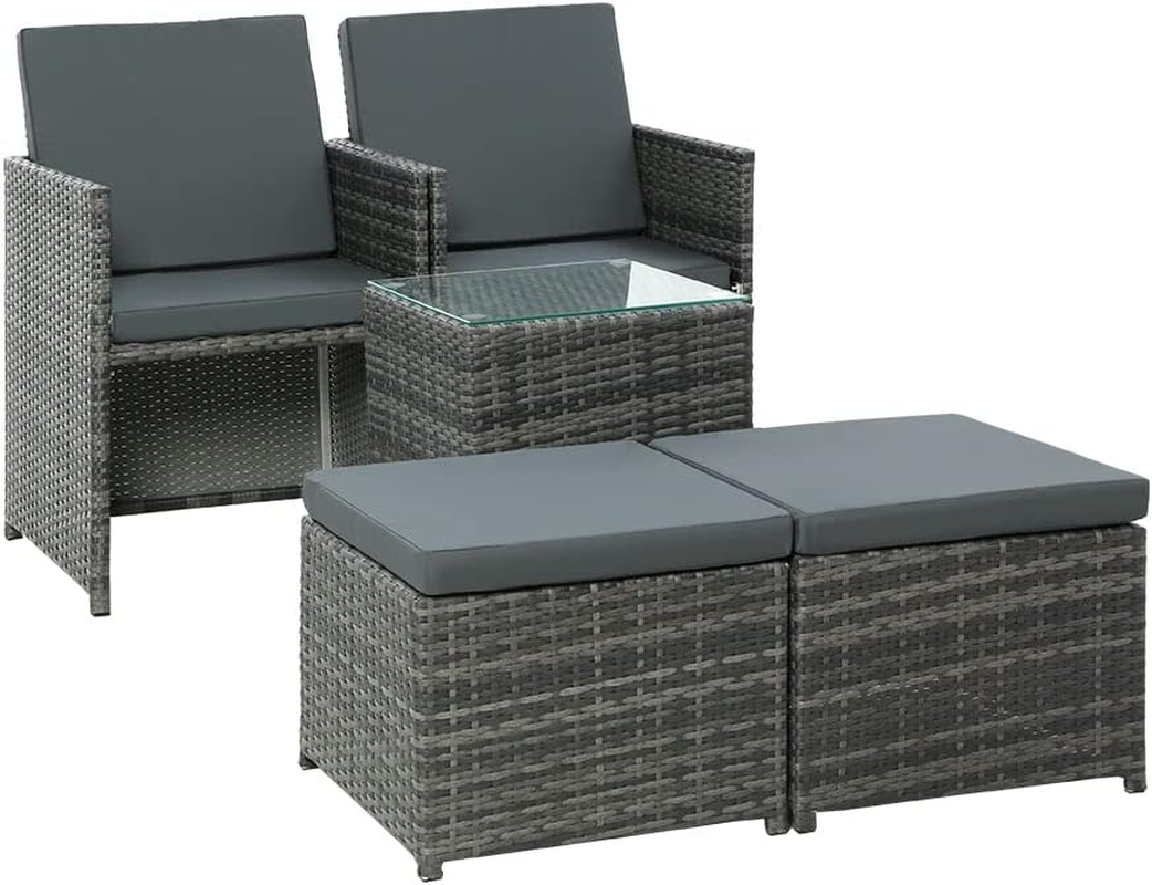 Gardeon Outdoor Lounge Setting 3Pcs Wicker Table and Chairs Bistro Set, Garden Furniture Patio Sofa Recliner Chair Rattan, with Ottoman Cushion Grey of 5 image number 1