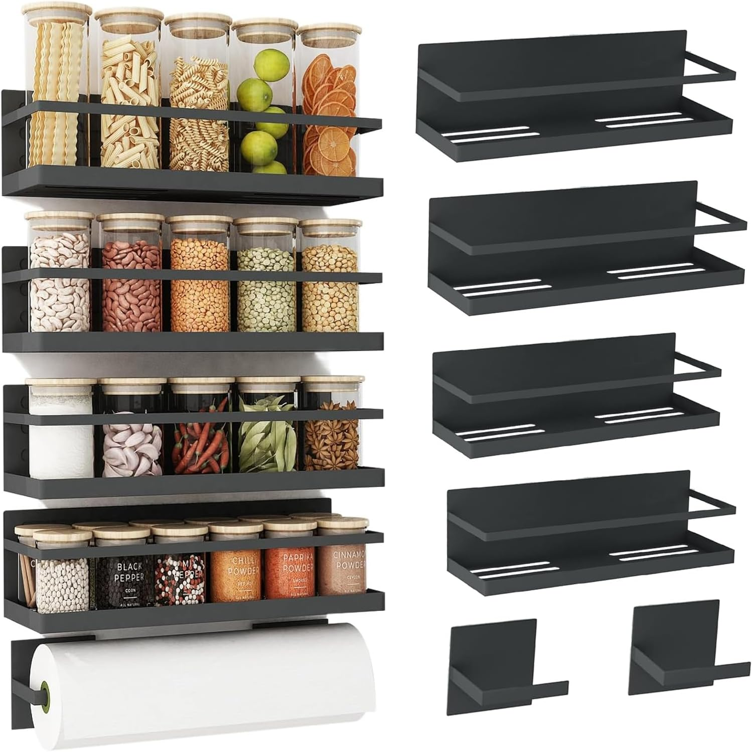 Magnetic Spice Storage Rack for Refrigerator, Kitchen Fridge Magnet Organizer Shelf, Black 3-Piece Set
