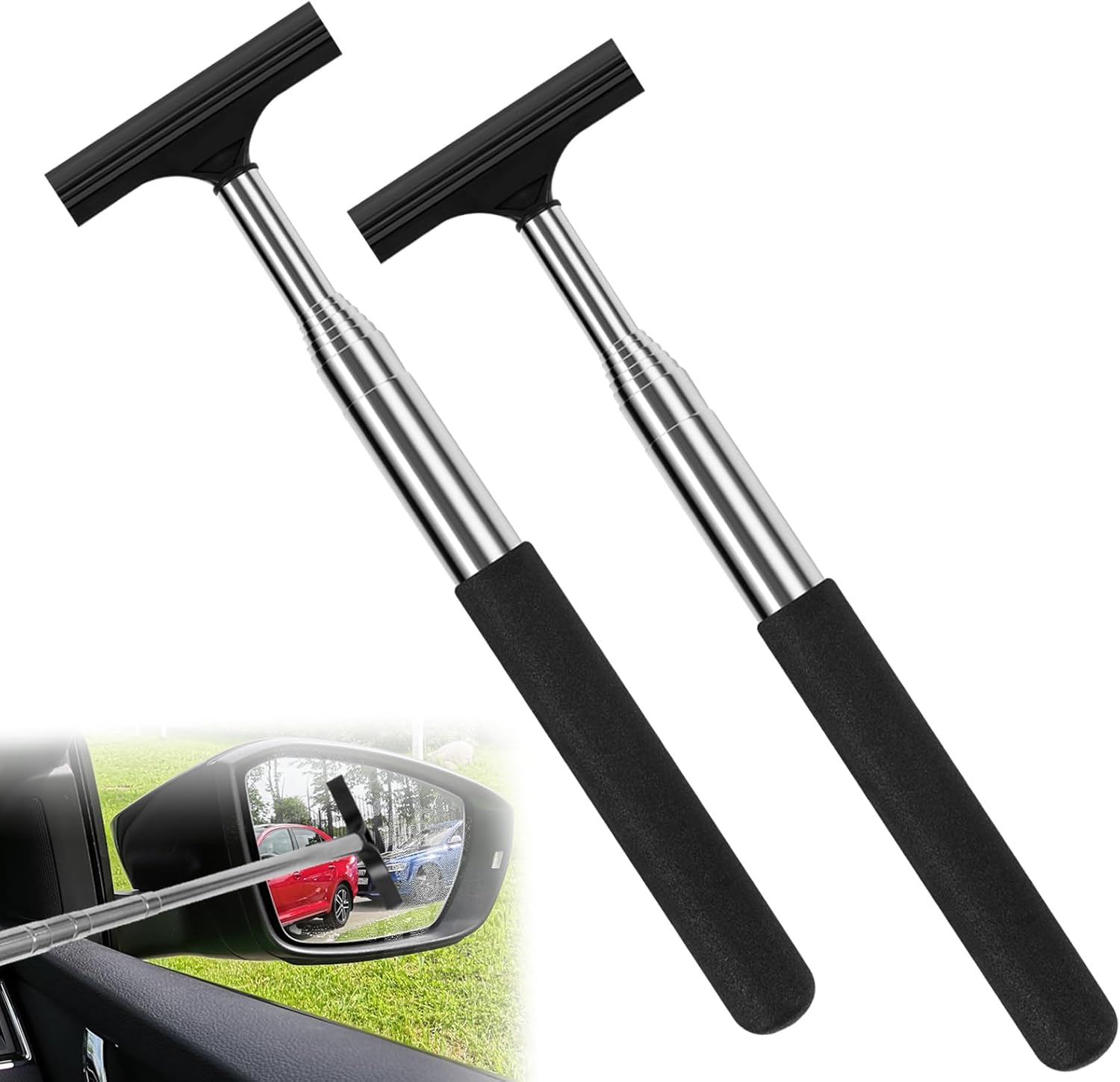 2 Pcs Car Mirror Wiper, 38.6In Handle Car Side Mirror Squeegee, Mini Squeegee for Rainy Foggy Weather image number 3