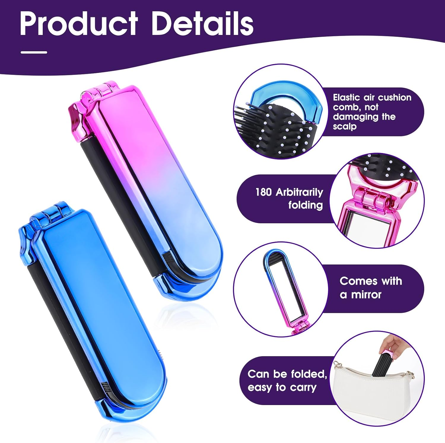 Travel Hair Brush with Mirror, Pack of 2, Foldable Wet Hair Brush, Hair Massage Comb in Travel Size, Compact Hair Brush for Women and Men, Hair Styling Tools (Pink & Blue) image number 6