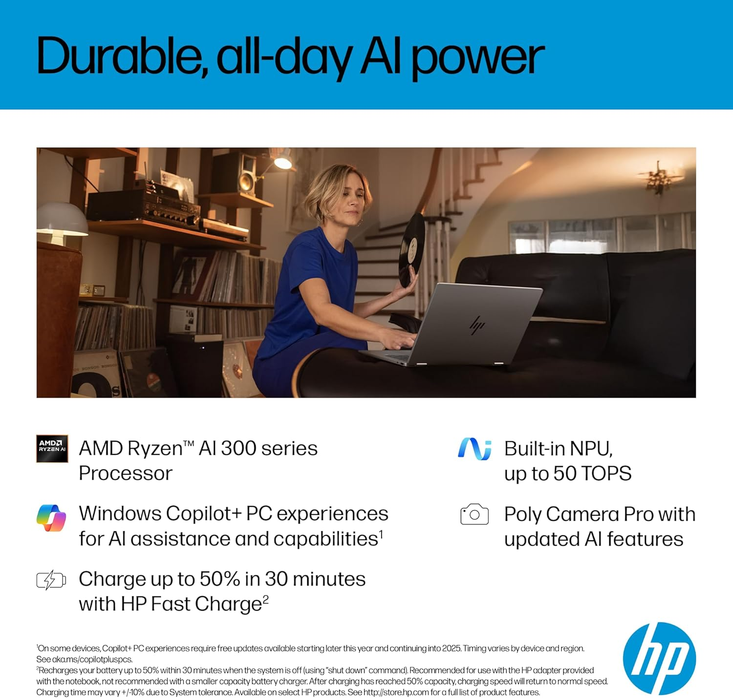 HP Omnibook X Flip Next Gen AI 14" Laptop, 2K Touch Display, AMD Ryzen&trade; AI 5 Processor, 16GB RAM, 512GB SSD, Windows 11 Home, Glacier Silver, C5AY3PA image number 6