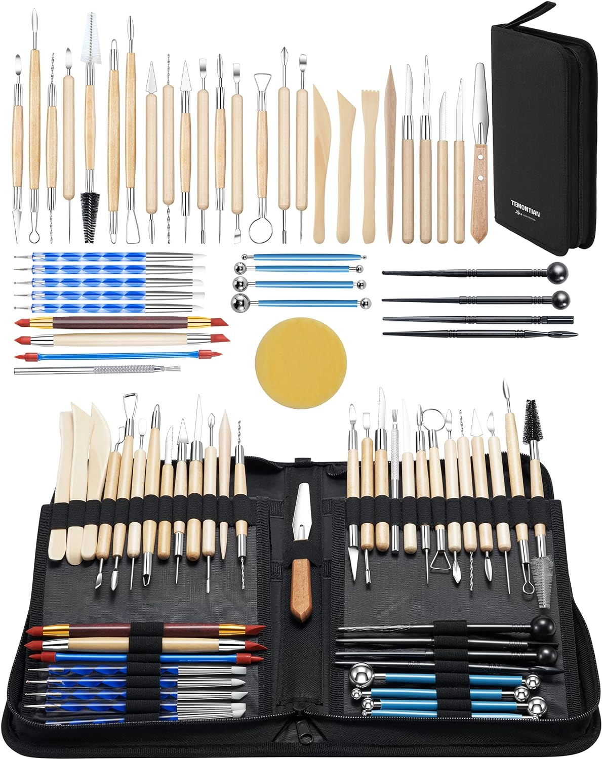 Pottery Tool Kit，Clay Sculpting Tools,43 Pcs Double Sided Pottery Wheel Tools for Adults，Pottery Carving Tools，Pottery Kiln Tools at Home，Ceramics Tools Set with Carrying Case Bag and Apron