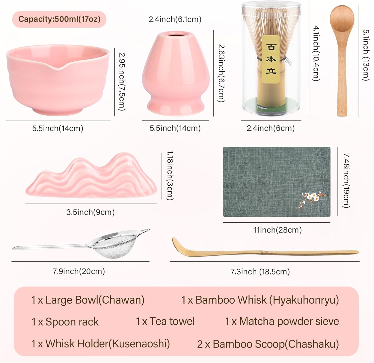 Matcha Whisk Set, Japanese Tea Set Includes Matcha Bowl, Matcha Whisk and Stand, Bamboo Spoon, Spoon Stand, Tea Towel and Stainless Steel Sieve - 17Oz Ceramic Matcha Set (Pink) image number 5