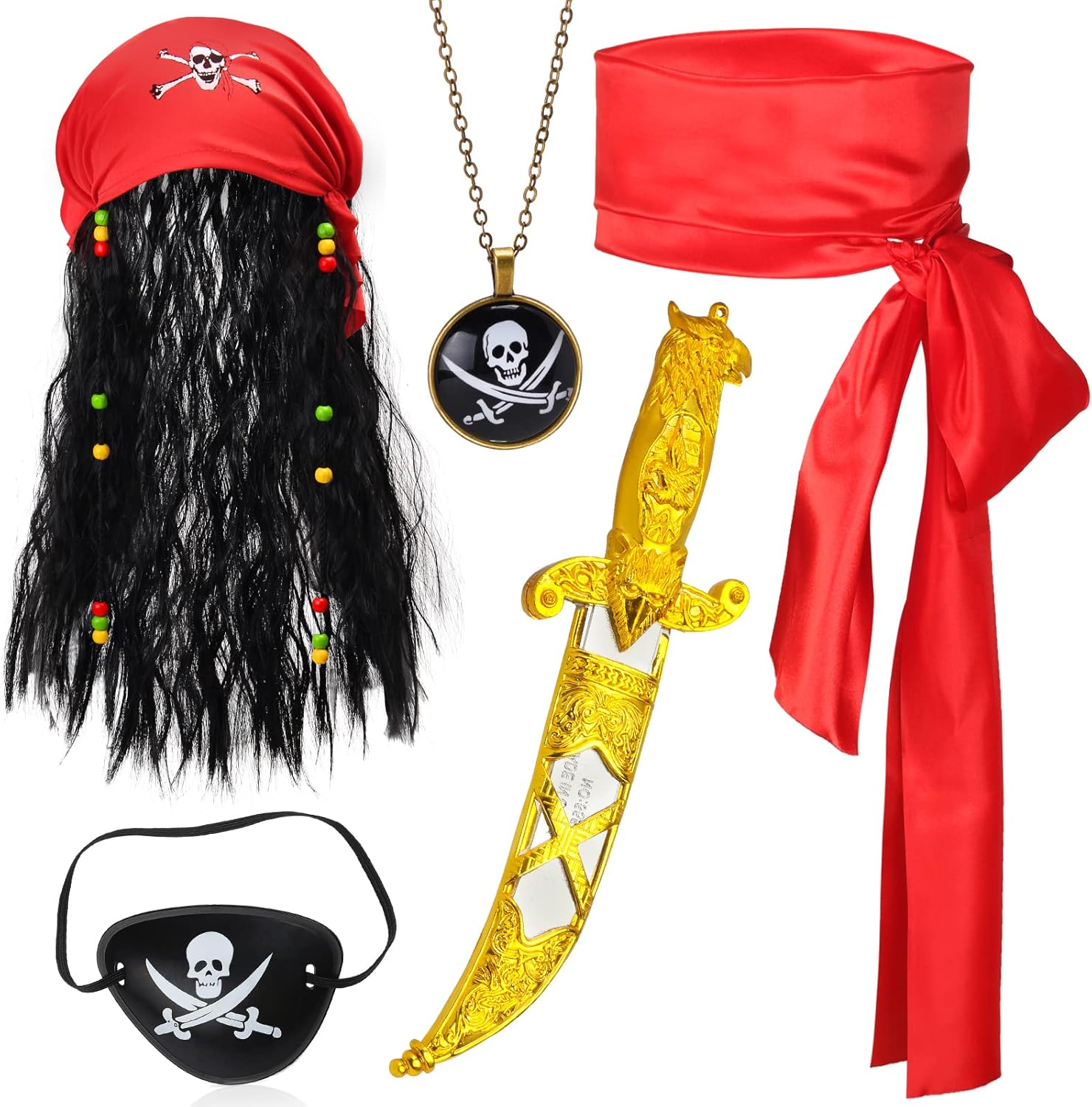 Pirate Wig with Dreadlocks Pirate Costume Accessories Set Headcloth Waist Sash Skull Necklace Eye Patch Plastic Dagger for Halloween Pirate Themed Dress up Party image number 1