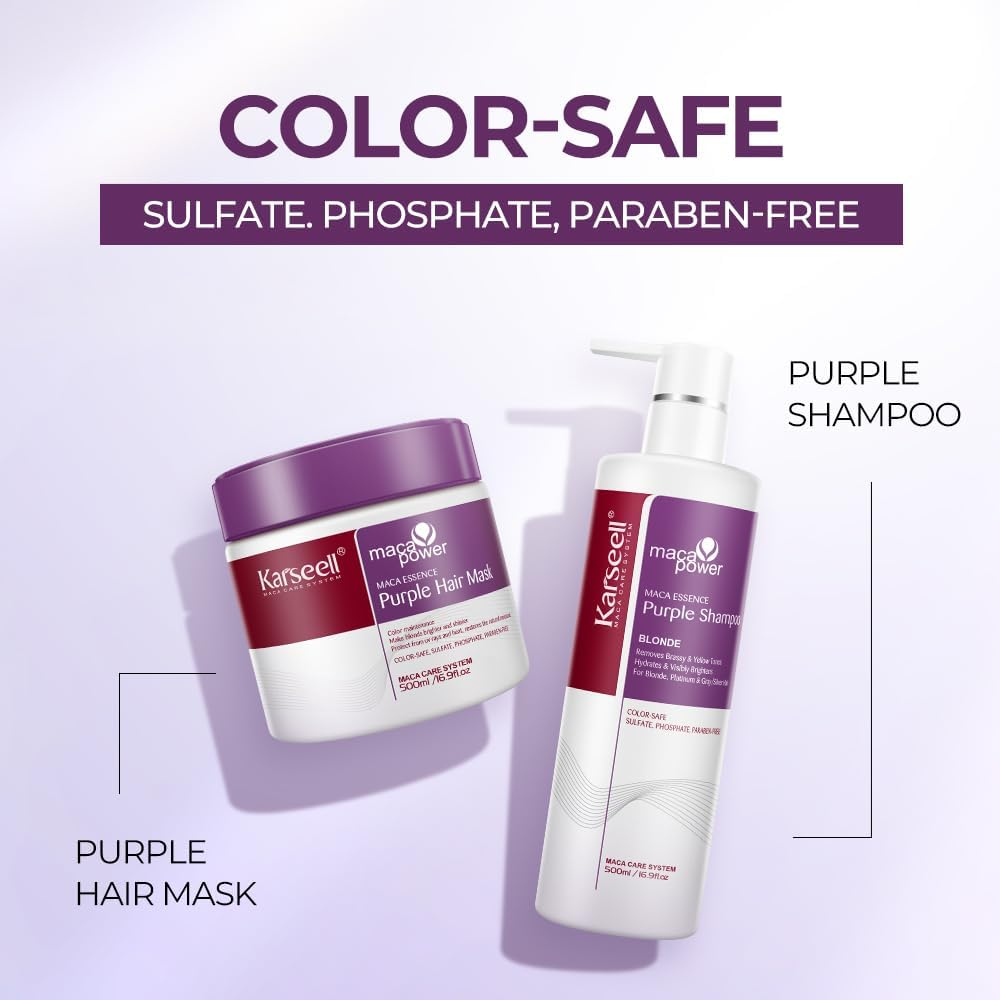 Karseell Purple Hair Mask and Purple Shampoo Set, Neutralizes Brass & Yellow Tones for Blonde, Gray, Silver Color Treated Hair, 2 X 16.9Floz image number 2