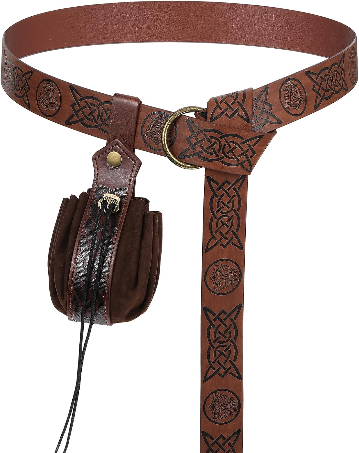 CIATBYYJ 2 Pcs Medieval Viking Belt with Faux Leather Pouch, Vintage Renaissance Belt Pouch Dice Bag, Retro Nordic Belt Pouch, Portable Bag Renaissance Costume Accessories(Brown), Brown, 168Cm/66Inch image number 2