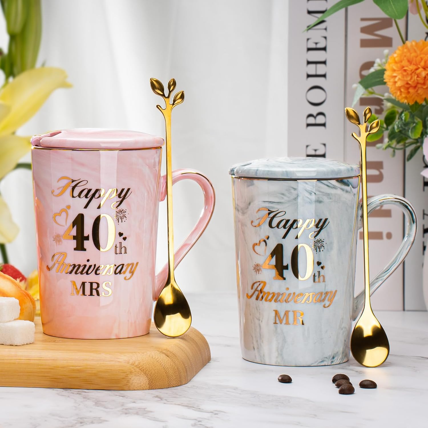 Ruby Anniversary Wedding Gifts, 40Th Anniversary Wedding Gift, 2PCS Happy 40Th Weddin-G Anniversar-Y Mr Mrs Gift Marble Ceramic Cups Set 14Oz, Ruby Anniversar-Y Couple Gifts for Parents, Grandparents - 20Th image number 4