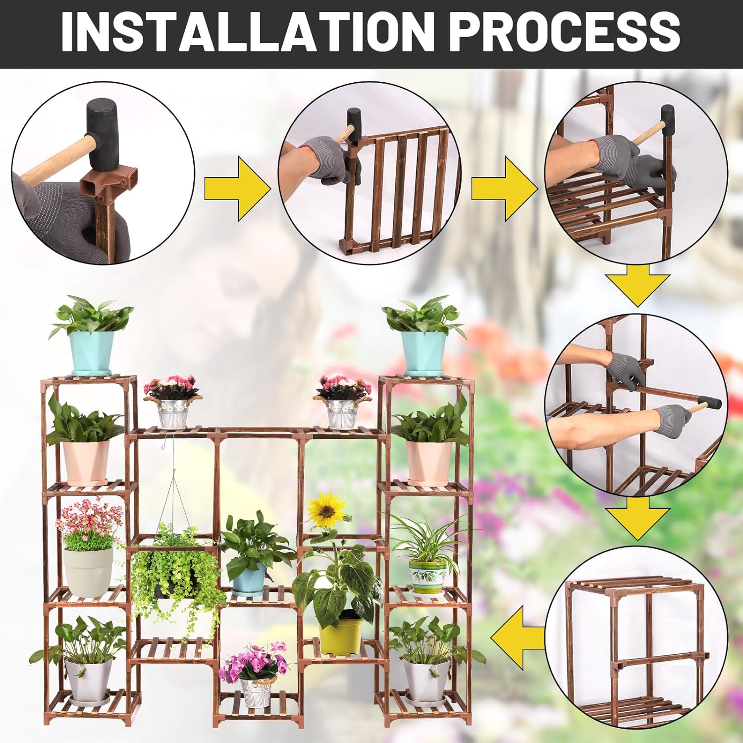 Mardatt Plant Stand Outdoor Indoor Tall Plant, 14 Pots Ladder Plant Holder Wood Shelf Outdoor Hanging Plant Stand Large Garden Display Shelves Holder for Multiple Plants Balcony Garden(14Potted) image number 4