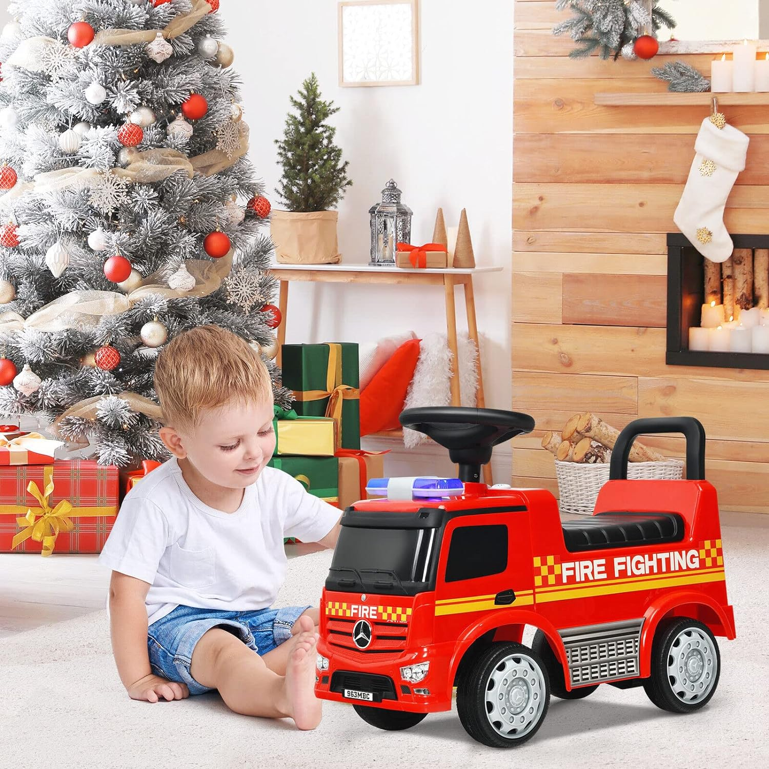 Honey Joy Kids Ride on Car, Benz Licensed Fire Engine W/Storage Space, Steering Wheel, Backrest, Indoor Outdoor Foot-To-Floor Sliding Car for 12 to 36 Months Old, Toy Boys Girls, Red image number 4