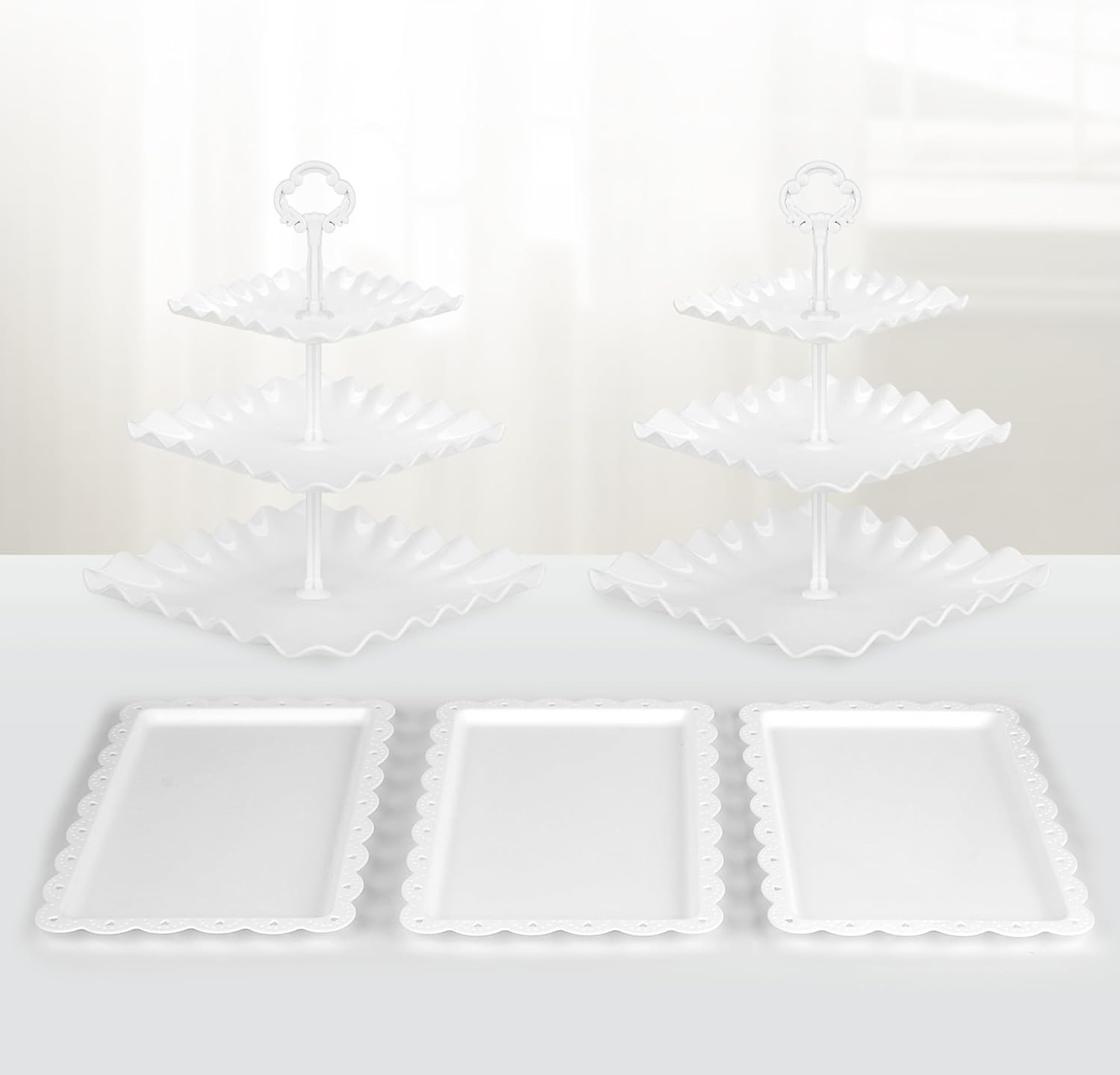 NWK 5 Piece Cake Stand Set with 2Xlarge 3-Tier Cupcake Stands + 3X Appetizer Trays Perfect for Wedding Birthday Baby Shower Tea Party (White)