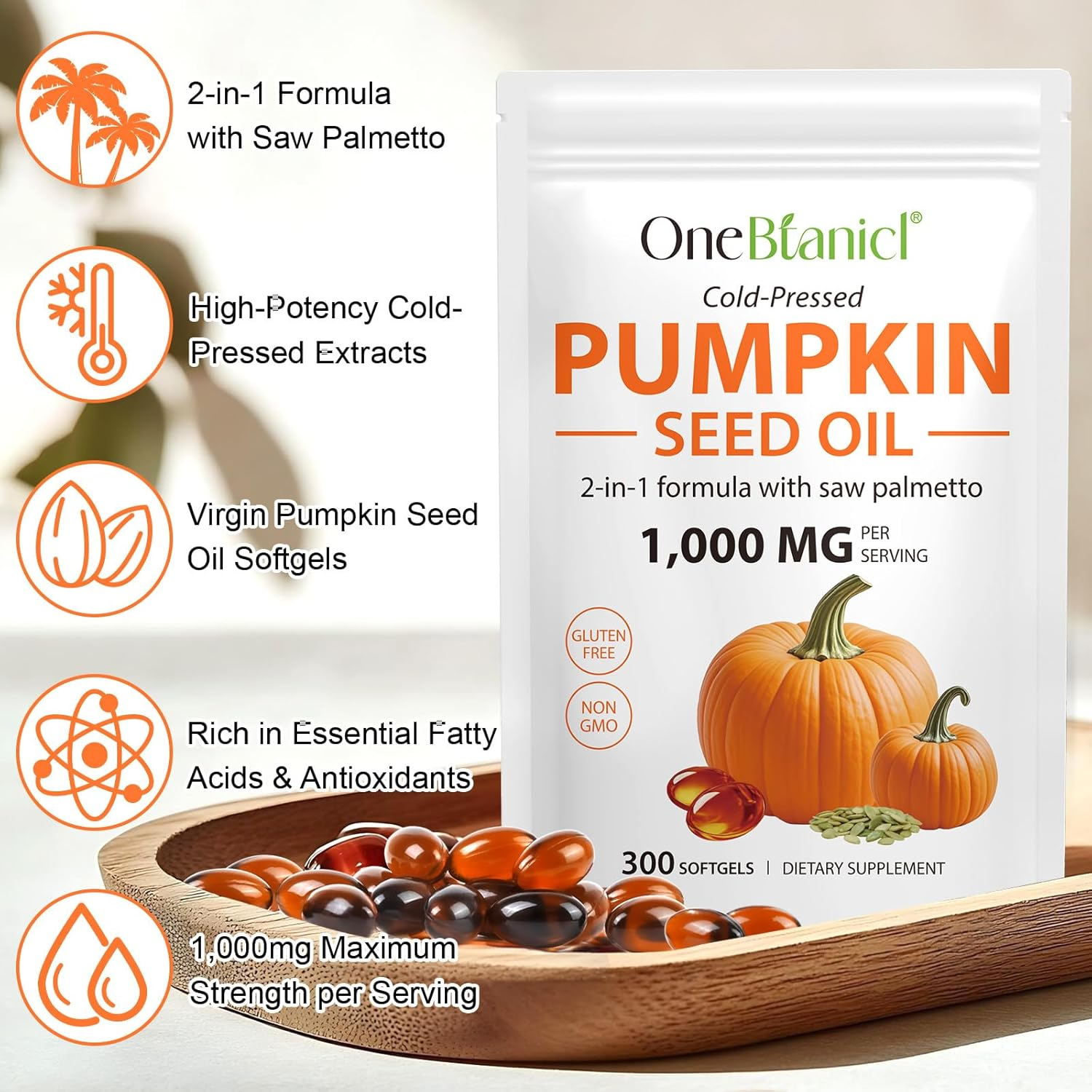 Pumpkin Seed Oil with Saw Palmetto | Cold-Pressed Formula | 1000 Mg per Serving | Natural Source of Fatty Acids and Phytosterols | Non-Gmo, Gluten Free | 300 Softgels image number 4