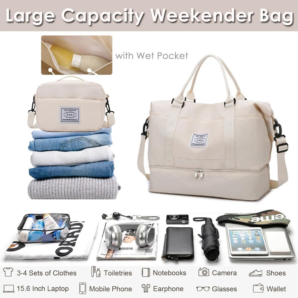 Travel Duffel Bags,Weekender Bags for Women&Men with Shoe Compartment,Large Capacity Travel Overnight Bags with Toiletry Bag,Carry on Bag for Travel, Gym,Hospital,Weekend(Beige) image number 1