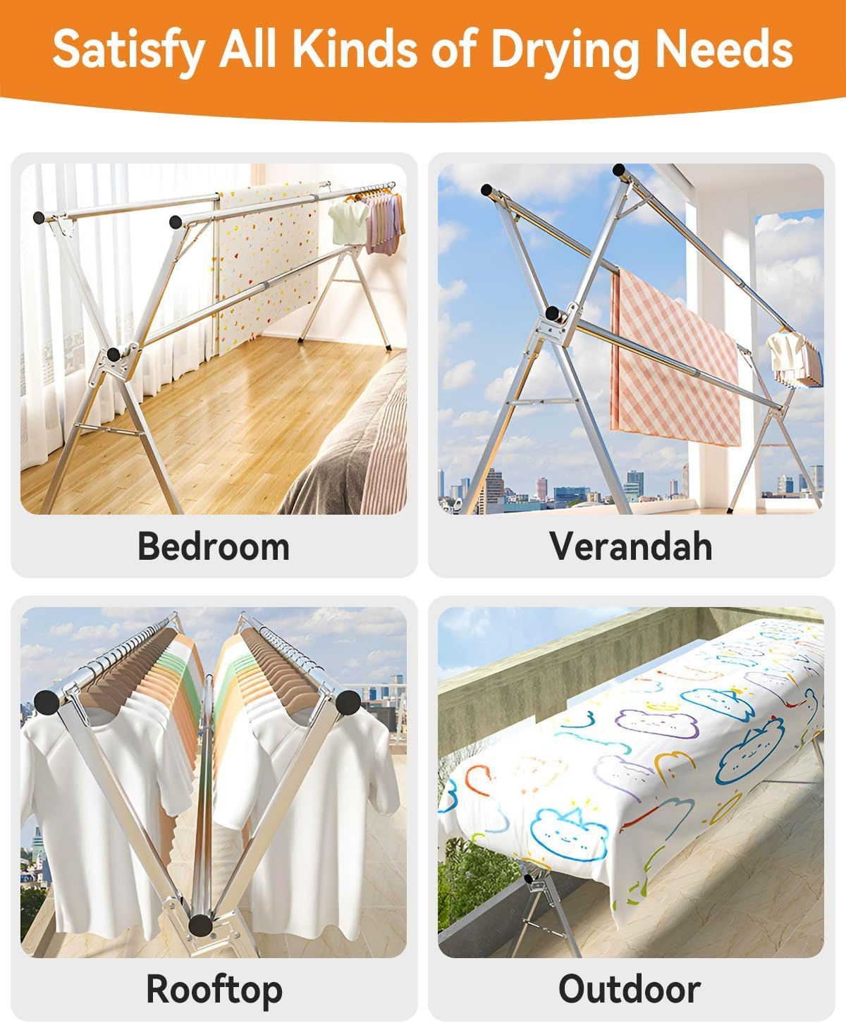 Taefuhnn 2.4 Meters Clothes Drying Rack, 95 Inch Heavy Duty Collapsible Stainless Steel Clothes Airer, Foldable Portable Laundry Drying Rack with 30 Windproof Hooks for Indoor Outdoor image number 2