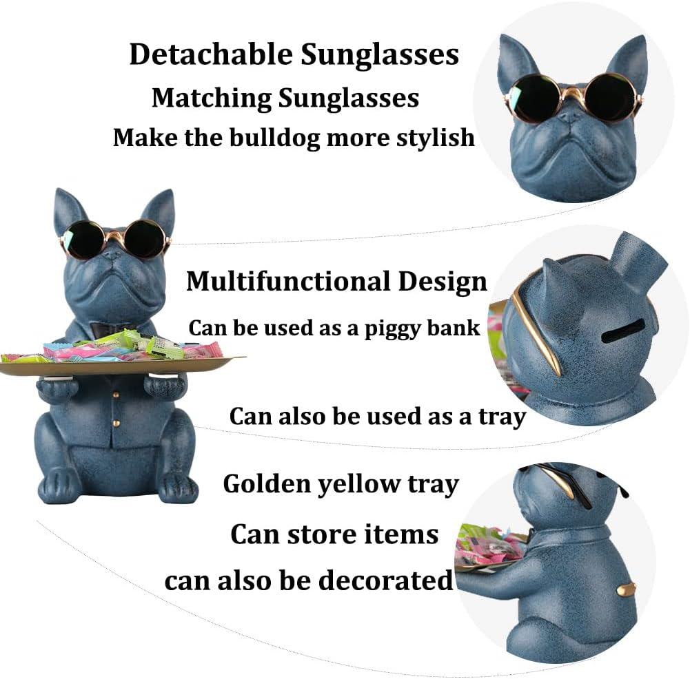 QIANLING Blue Bulldog Tray Holder Storage Desk Table Trays Decorative Animal Bulldog Sculpture Home Decor Statue Coin Piggy Bank Multi-Function Office Home Entrance Key Snack Storage Tray image number 2
