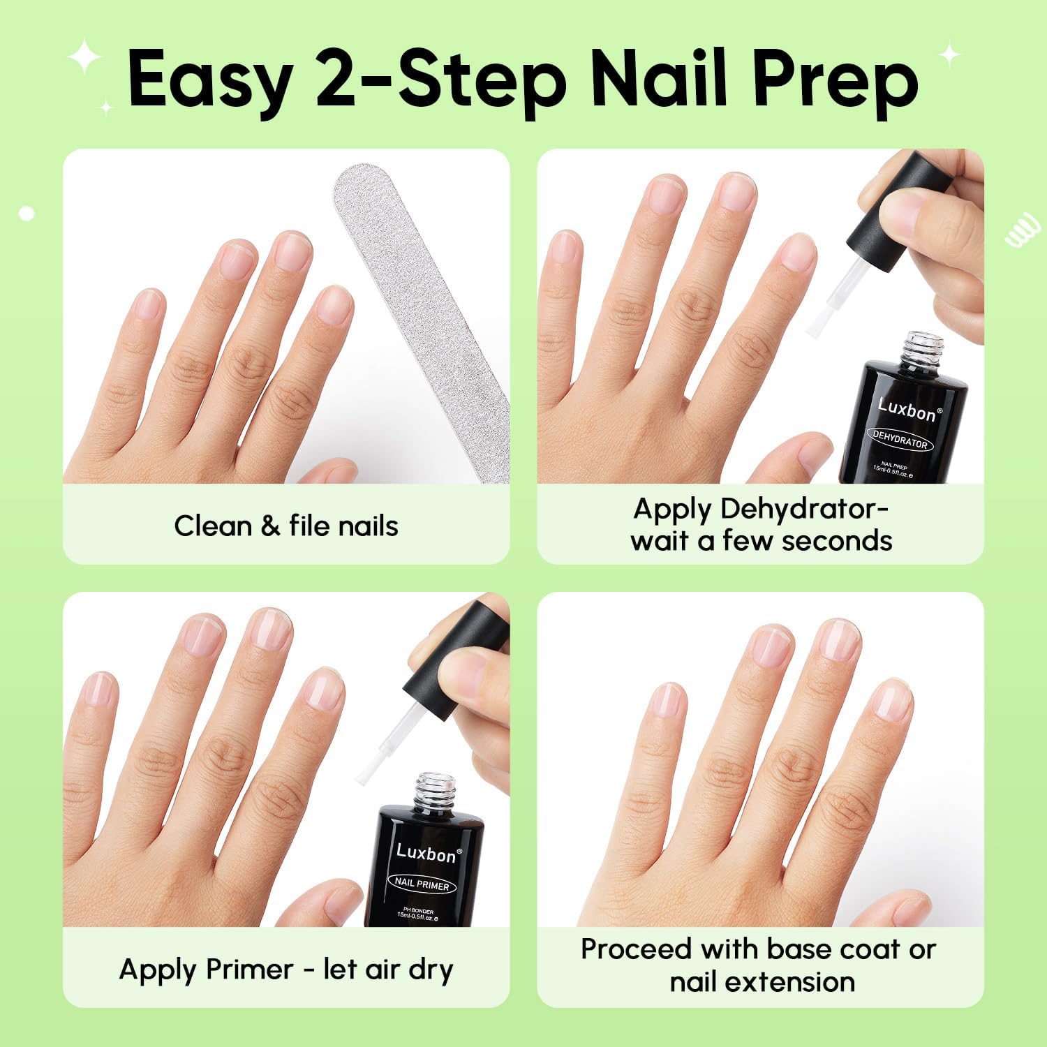 Luxbon 2 Pcs 15Ml Nail Primer & Nail Dehydrator Set - Long Lasting, Shine Finish, UV LED Nail Lamp Soak off Gel Nail Prep Set Manicure