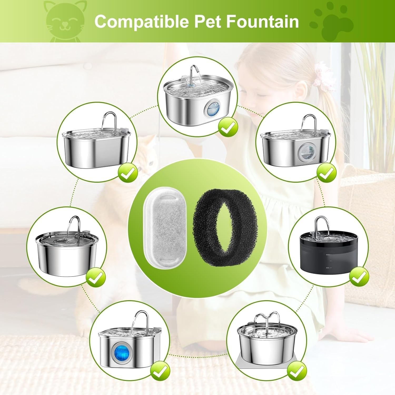 Cat Fountain Filters - 4 Pack with 4 Sponges, Compatible with Stainless Steel Pet Fountain, Adjustable Water Flow image number 6