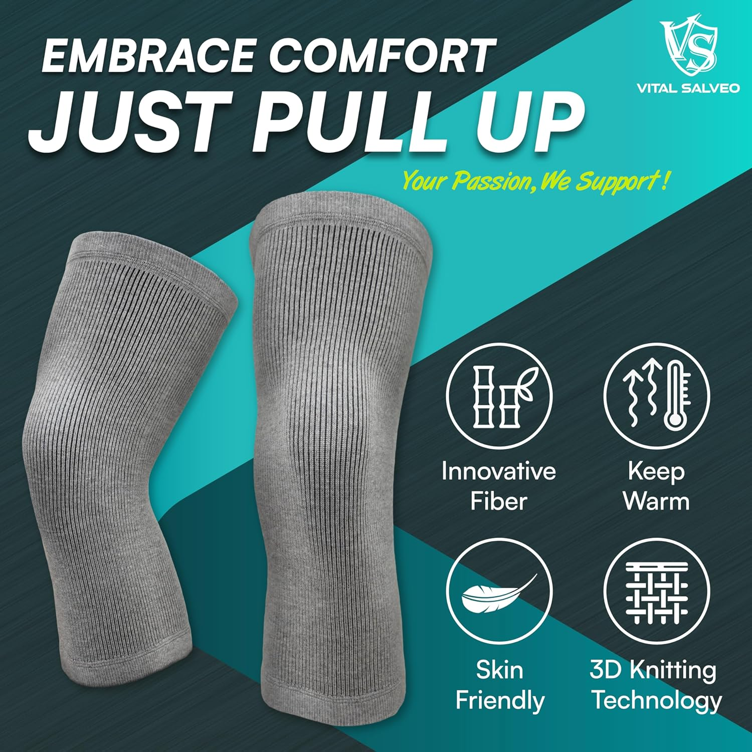 Vital Salveo-Charcoal Knee Warmers-For Men and Women, Soft Breathable Elastic Knees Sleeves, Comfortable,Joint Pain Relief for Arthritis,Suitable for Day and Night-Light Grey Large Fit (1Pair) image number 6