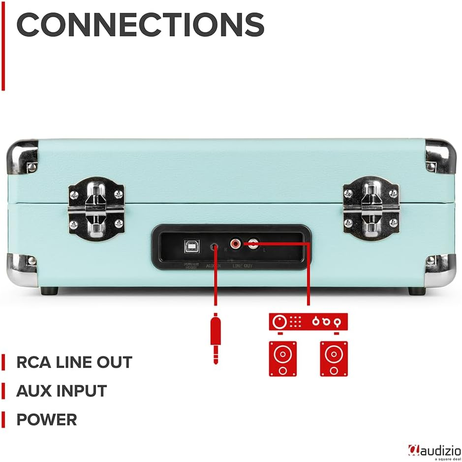Audizio Turntable Briefcase Record Player | USB Retro Record Players for Vinyl with Speakers | 3 Speeds | Convert Retro Vinyl to Mp3 via USB | RCA Output/Aux 3.5Mm (Blue) image number 6