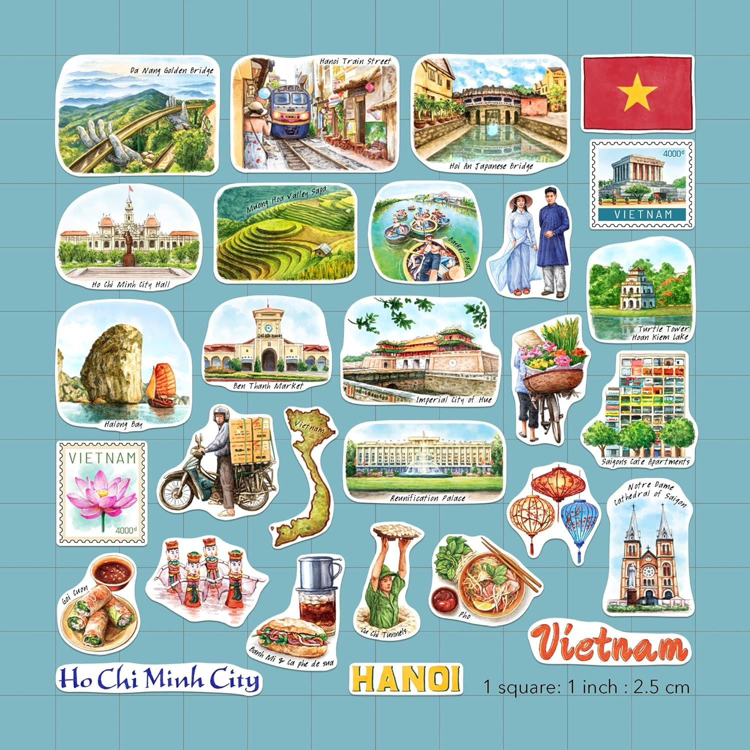 Navy Peony Vibrant Vietnam Travel Stickers (28Pcs) - Watercolor, Vietnamese-Themed Vacation Decals for Journals, Scrapbooks, Luggage, Tumbler image number 1