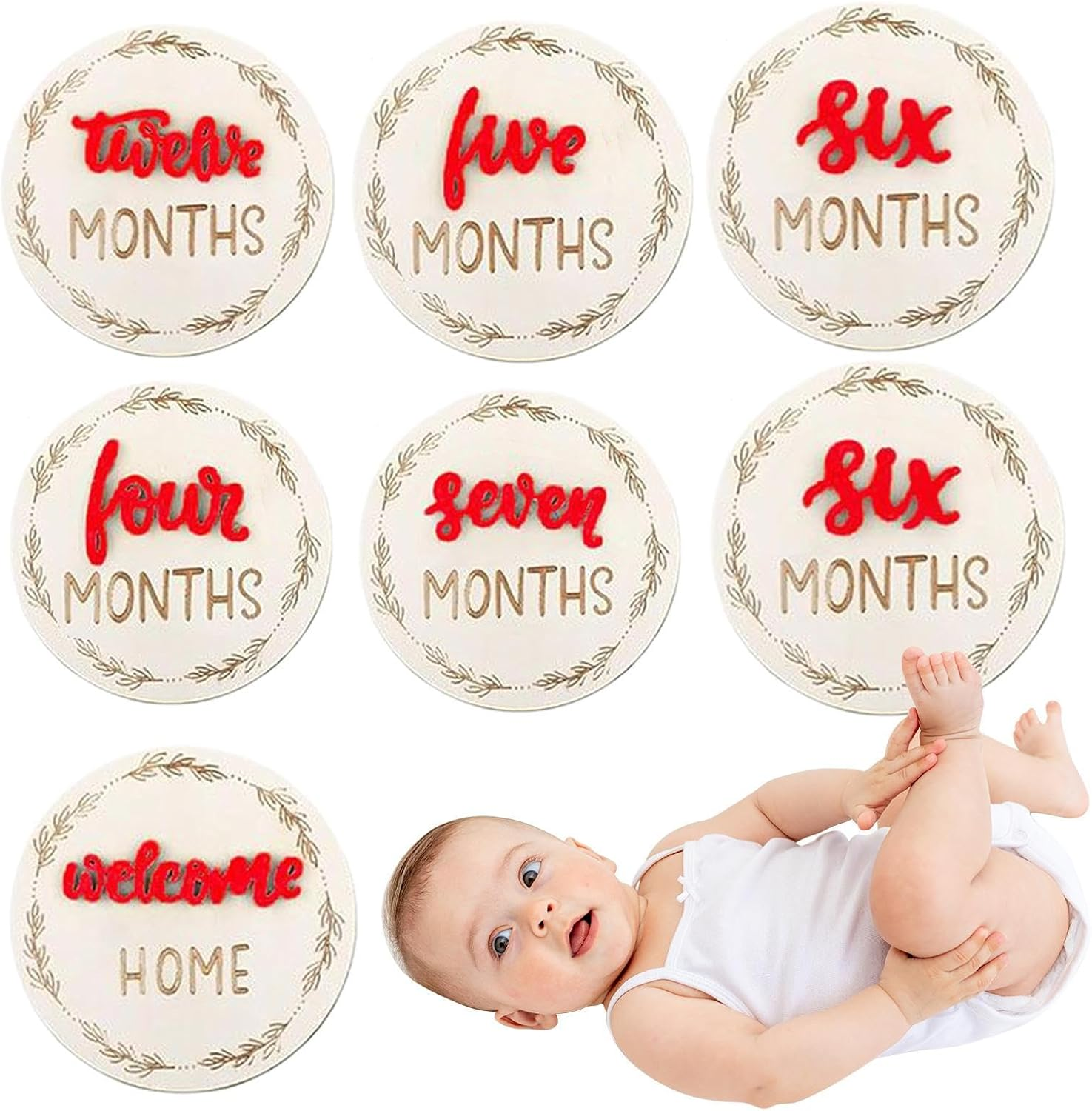 Baby Growth Cards, Double Sided 3D Baby Picture Signs - Decorative Month Marker Discs, Wooden Birth Growth Cards Photo Props for Boys Girls