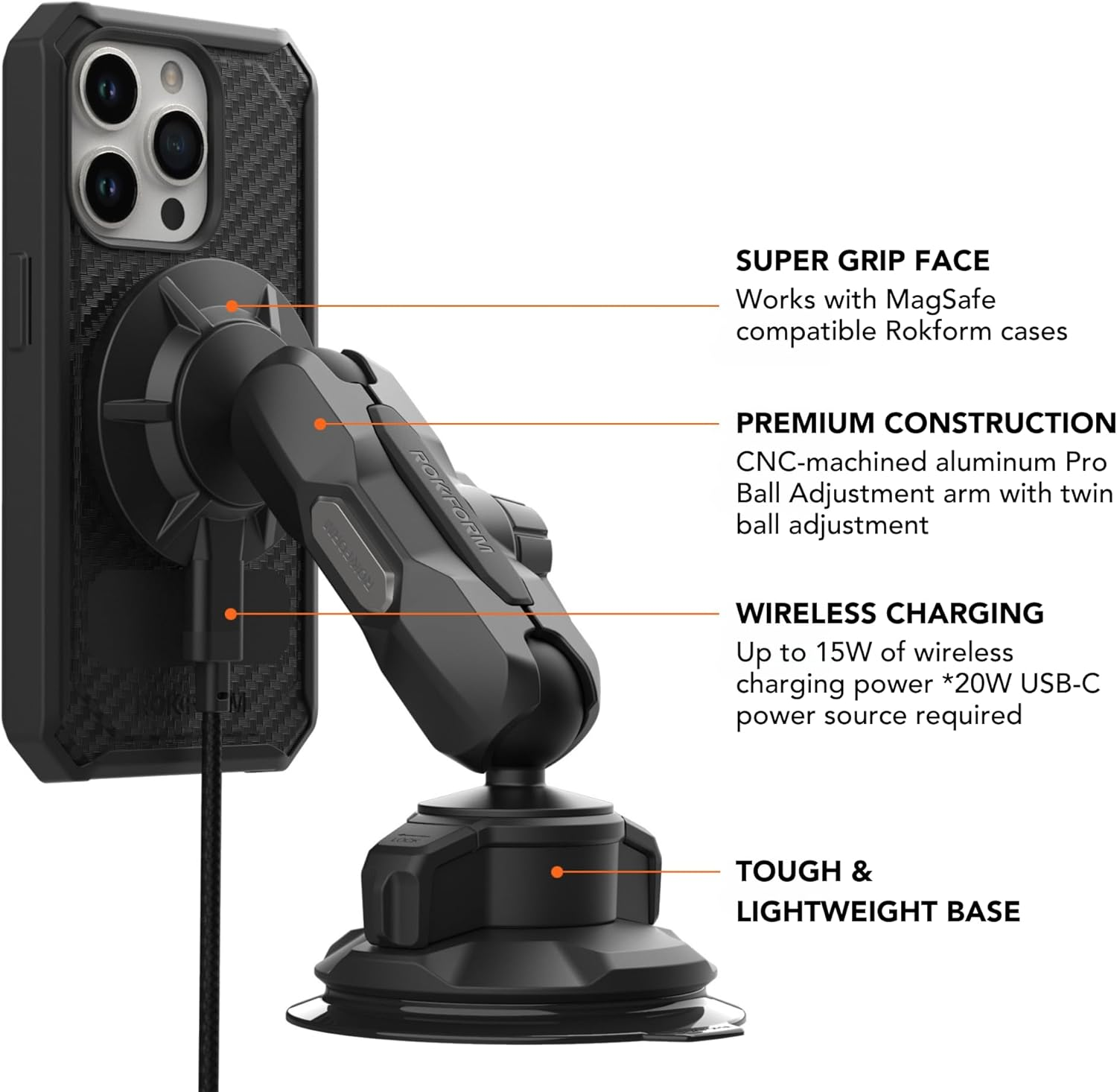 Rokform Wireless Car Charger, Magnetic Windshield Phone Mount, Twin Ball Adjustment 360&deg; Rotation, Compatible with Mag Safe Cases, Strong Suction Cup, USB-C to USB-C Cable Included (Black) image number 1