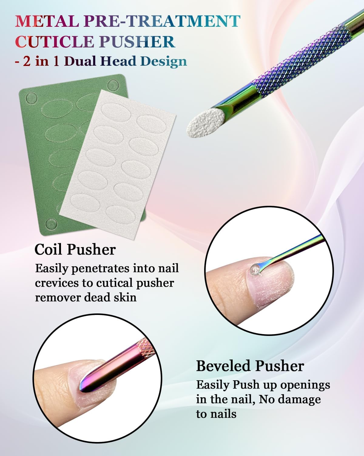 Dual Ended Cuticle Remover, Pre-Treatment Cuticle Pusher with Loop Cuticle Pusher Removing, Stainless Steel Cuticle Nail Tool with 100#/240# Grit Nail Files and 1P Storage Bags, for Salon & Home Use