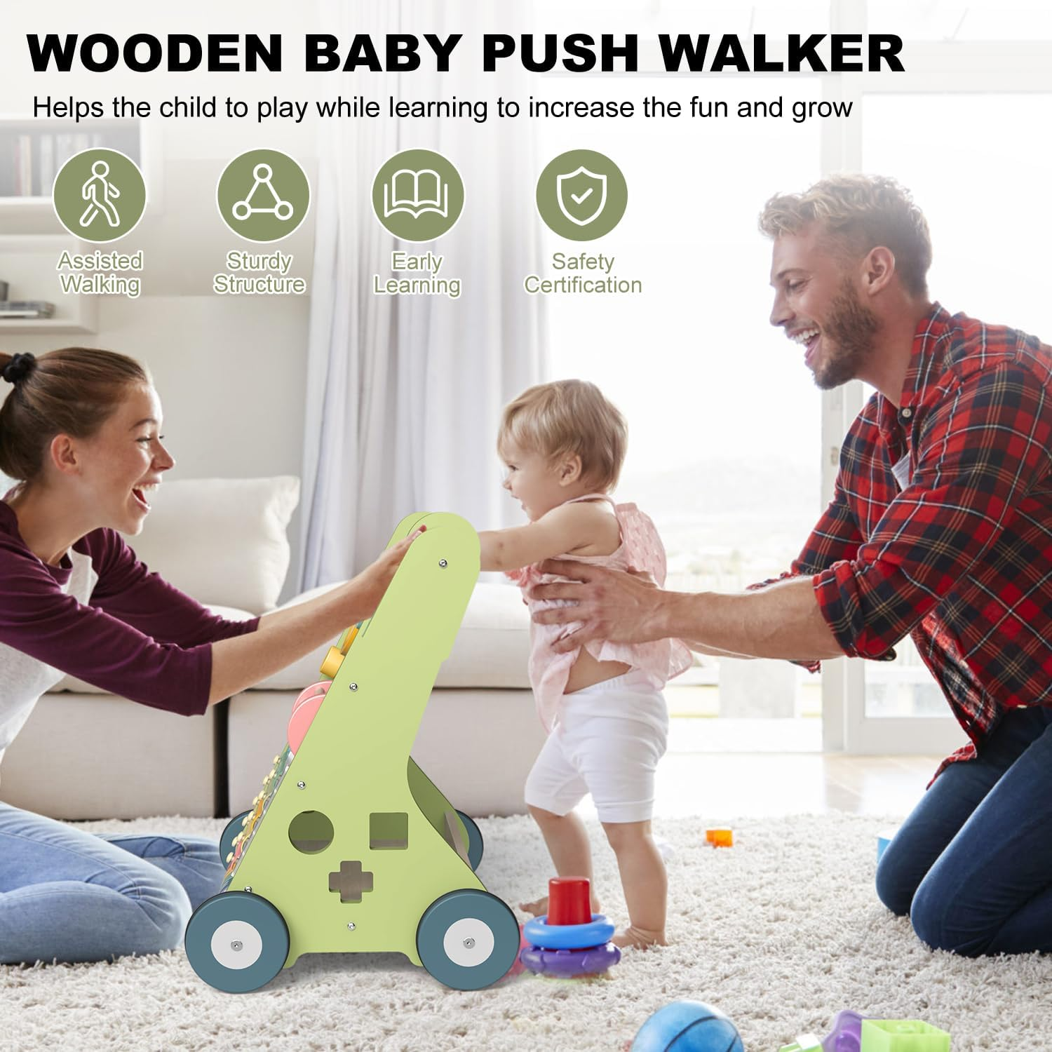 Wooden Baby Walker Wheels,Baby Push Walker for Babies 6-12 Months Montessori,Toddler Push Toy Wooden Activity Walker for Baby Boy,Walking Toys for 1 Year Old Learning to Walk Girl Christmas image number 4